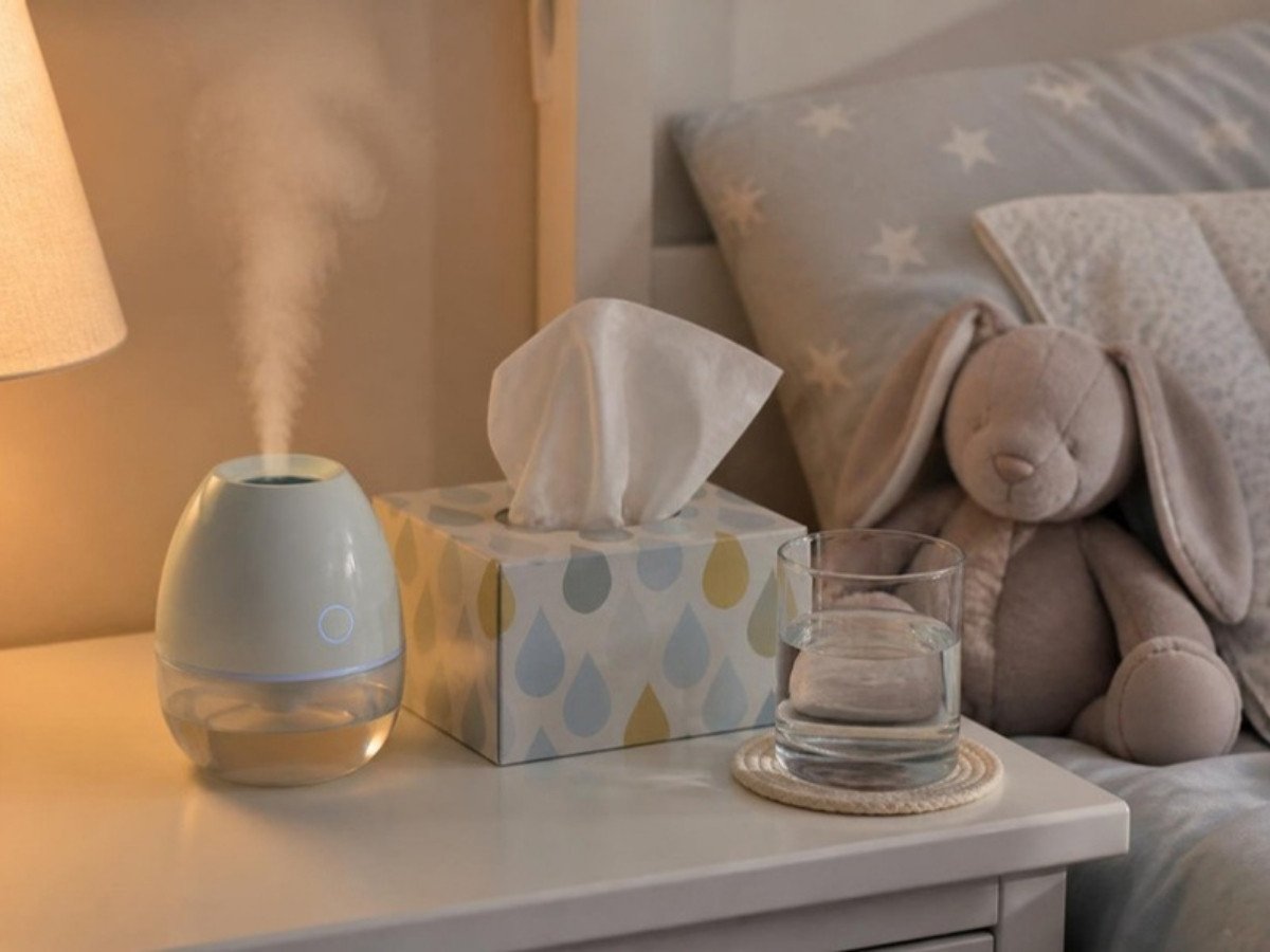 Tissues and humidifier by a child's bed, child cough and cold care