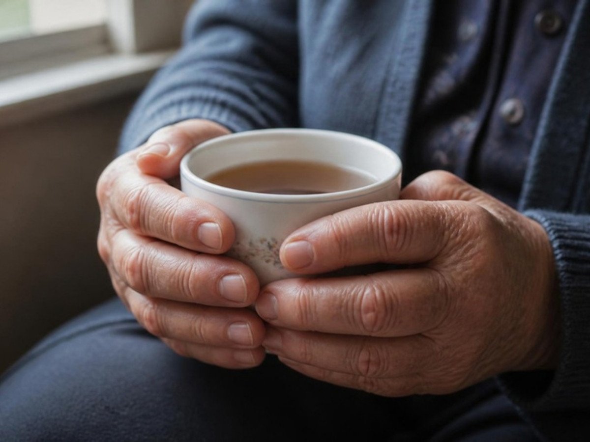 Elderly hands holding a cup, arthritis care