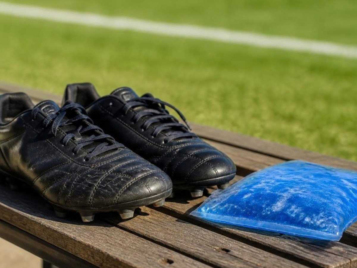 Sports boots and ice pack, sports injury first aid