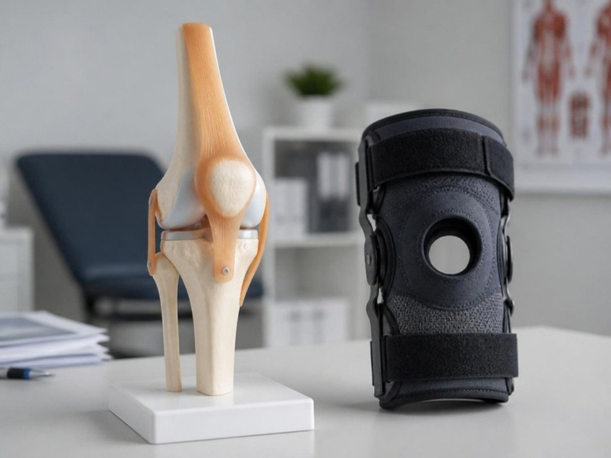 Knee joint model and brace, ligament injury and arthroscopy