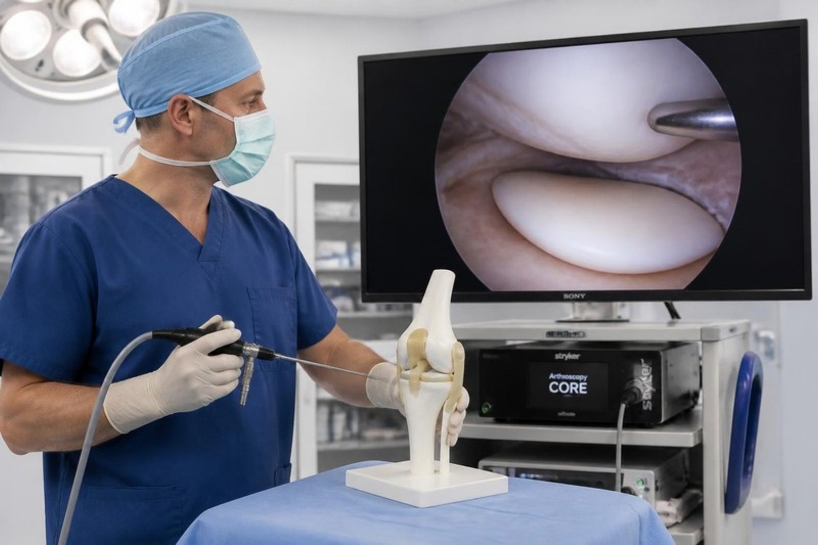 Orthopaedic surgeon using an arthroscope camera for knee bone and joint keyhole surgery